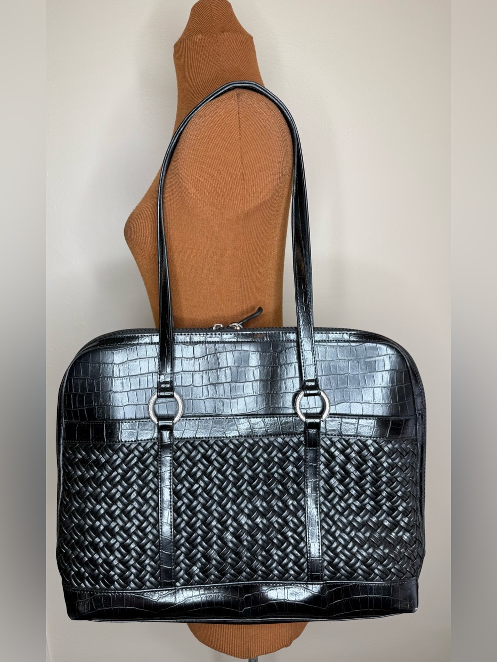 Coldwater Creek Black Hampton Leather Woven Laptop Briefcase Bag